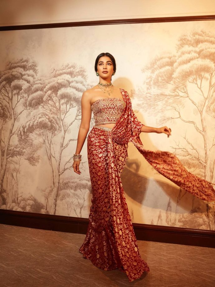 Pooja Hegde Brings Timeless Elegance in a Rich Red Anita Dongre Ensemble 983799