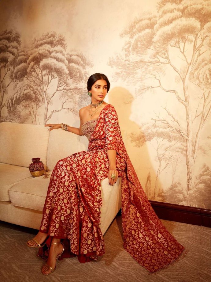 Pooja Hegde Brings Timeless Elegance in a Rich Red Anita Dongre Ensemble 983803