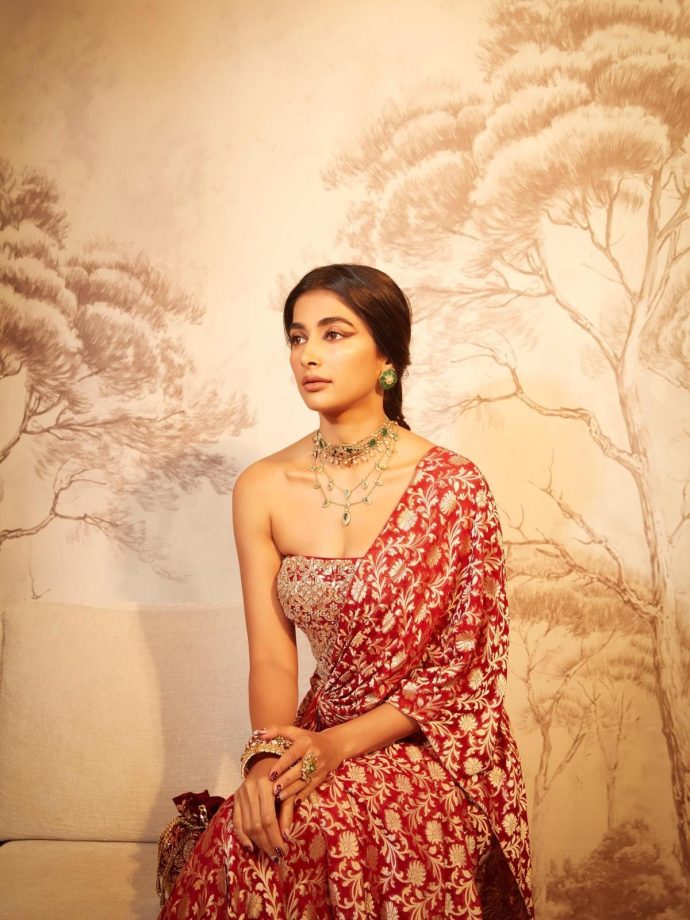 Pooja Hegde Brings Timeless Elegance in a Rich Red Anita Dongre Ensemble 983805