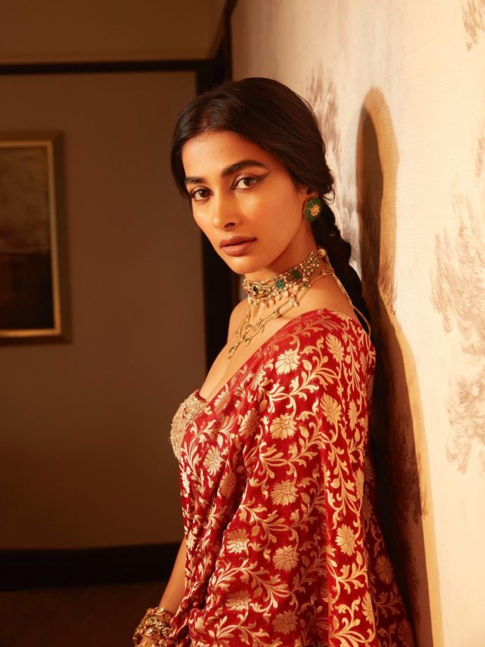 Pooja Hegde Brings Timeless Elegance in a Rich Red Anita Dongre Ensemble 983806