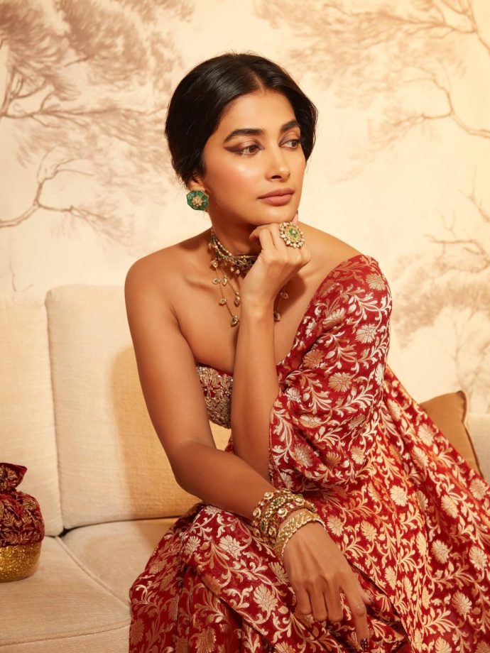 Pooja Hegde Brings Timeless Elegance in a Rich Red Anita Dongre Ensemble 983807