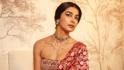 Pooja Hegde Brings Timeless Elegance in a Rich Red Anita Dongre Ensemble