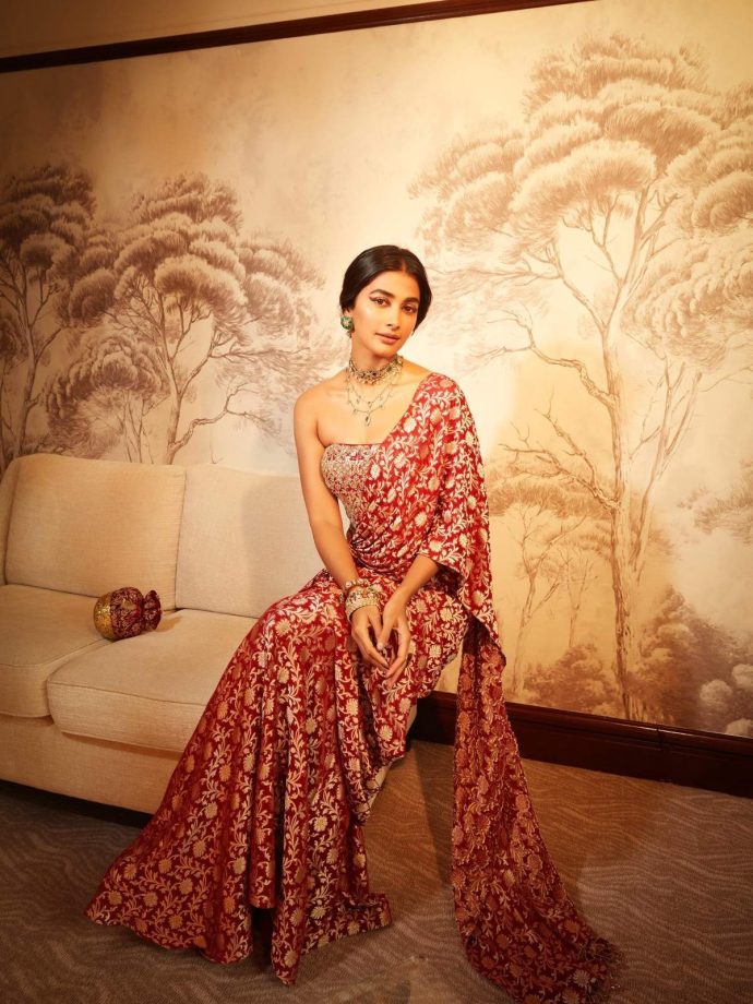 Pooja Hegde Brings Timeless Elegance in a Rich Red Anita Dongre Ensemble 983792