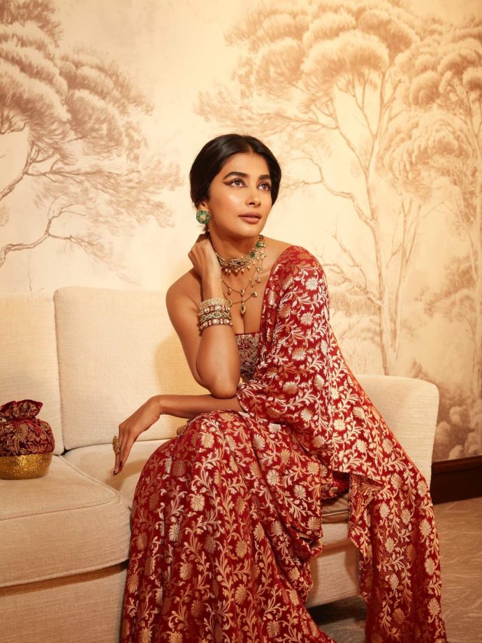 Pooja Hegde Brings Timeless Elegance in a Rich Red Anita Dongre Ensemble 983794