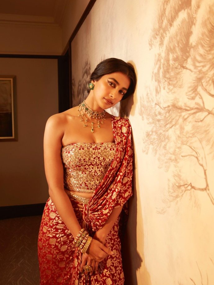 Pooja Hegde Brings Timeless Elegance in a Rich Red Anita Dongre Ensemble 983795