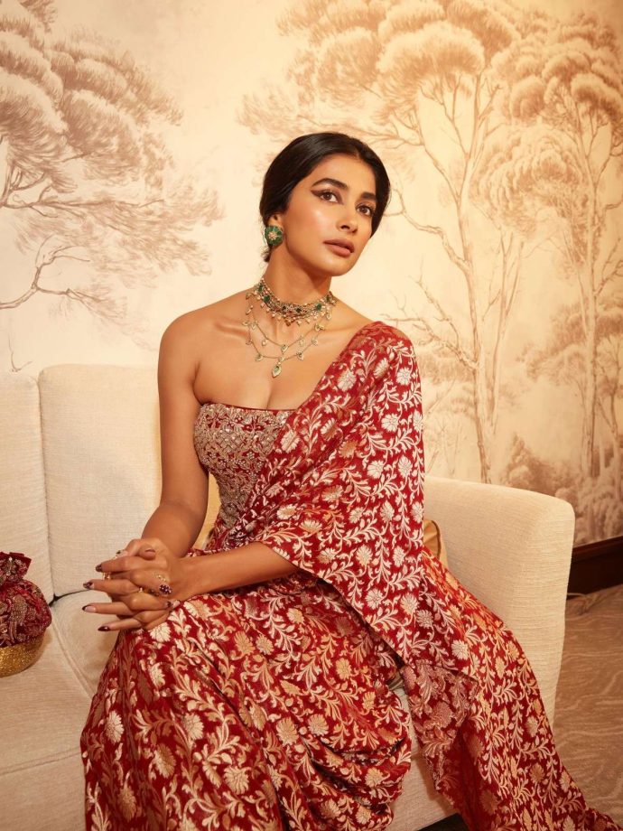 Pooja Hegde Brings Timeless Elegance in a Rich Red Anita Dongre Ensemble 983796