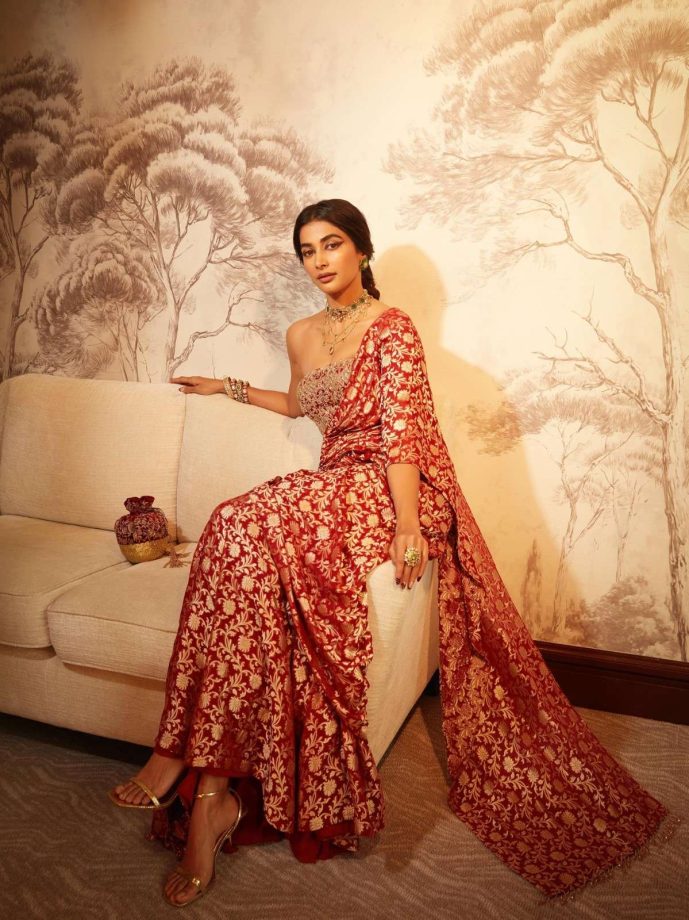 Pooja Hegde Brings Timeless Elegance in a Rich Red Anita Dongre Ensemble 983797