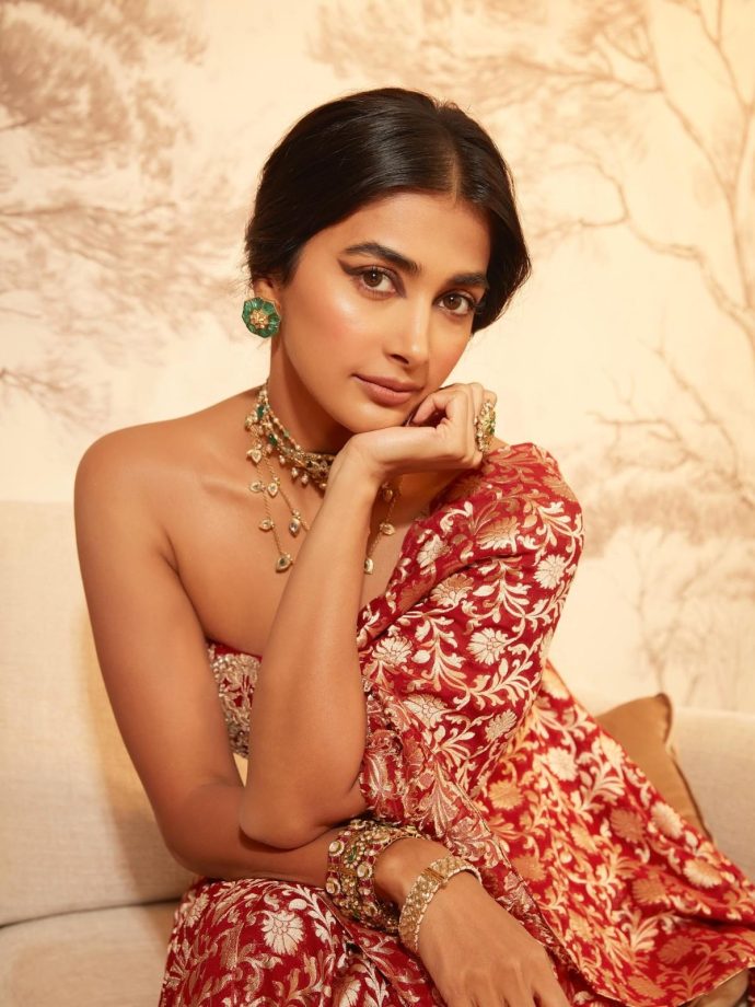 Pooja Hegde Brings Timeless Elegance in a Rich Red Anita Dongre Ensemble 983798