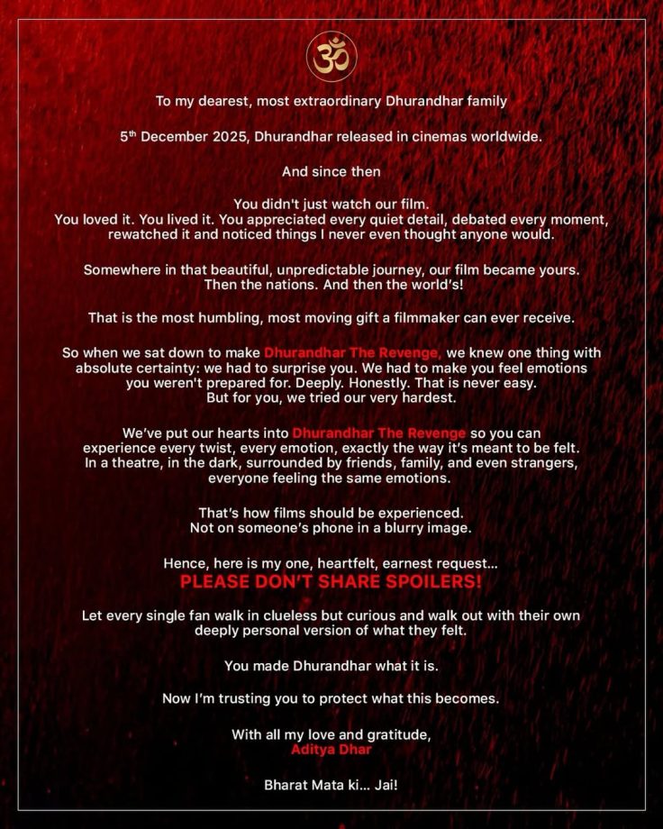 Aditya Dhar Urges Fans 