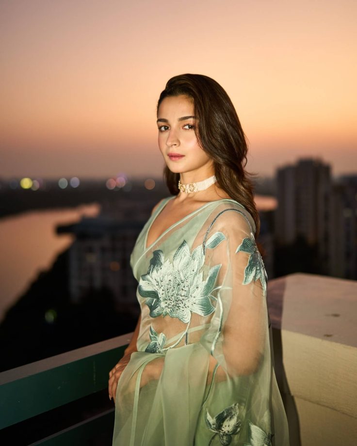 Alia Bhatt Channels Her Sheer Elegance In A Tea Green Saree With Deep V-neckline Blouse 992664