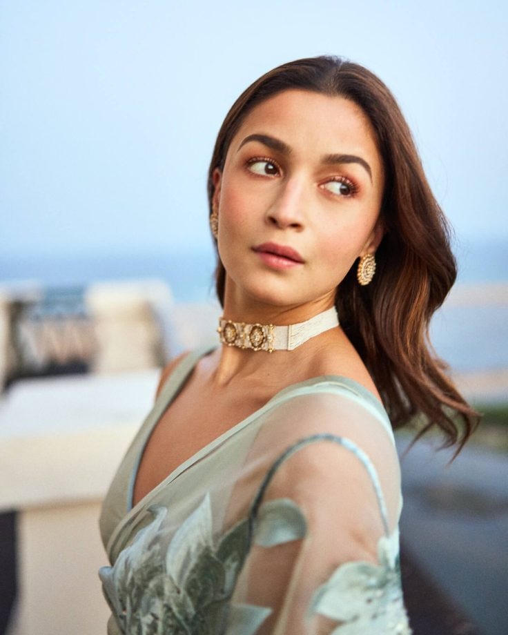 Alia Bhatt Channels Her Sheer Elegance In A Tea Green Saree With Deep V-neckline Blouse 992665