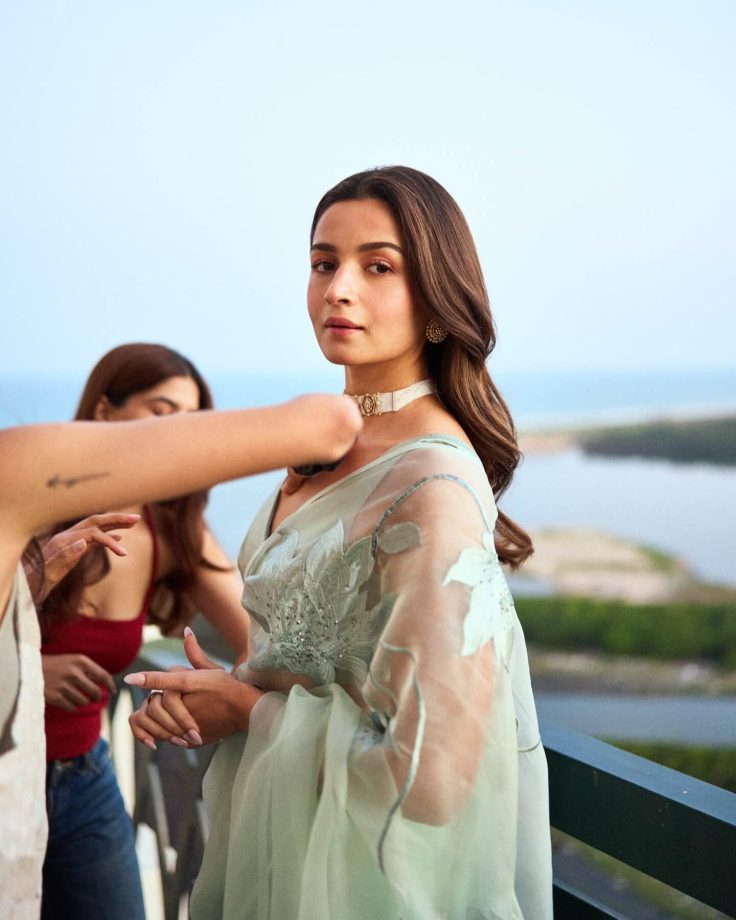Alia Bhatt Channels Her Sheer Elegance In A Tea Green Saree With Deep V-neckline Blouse 992667