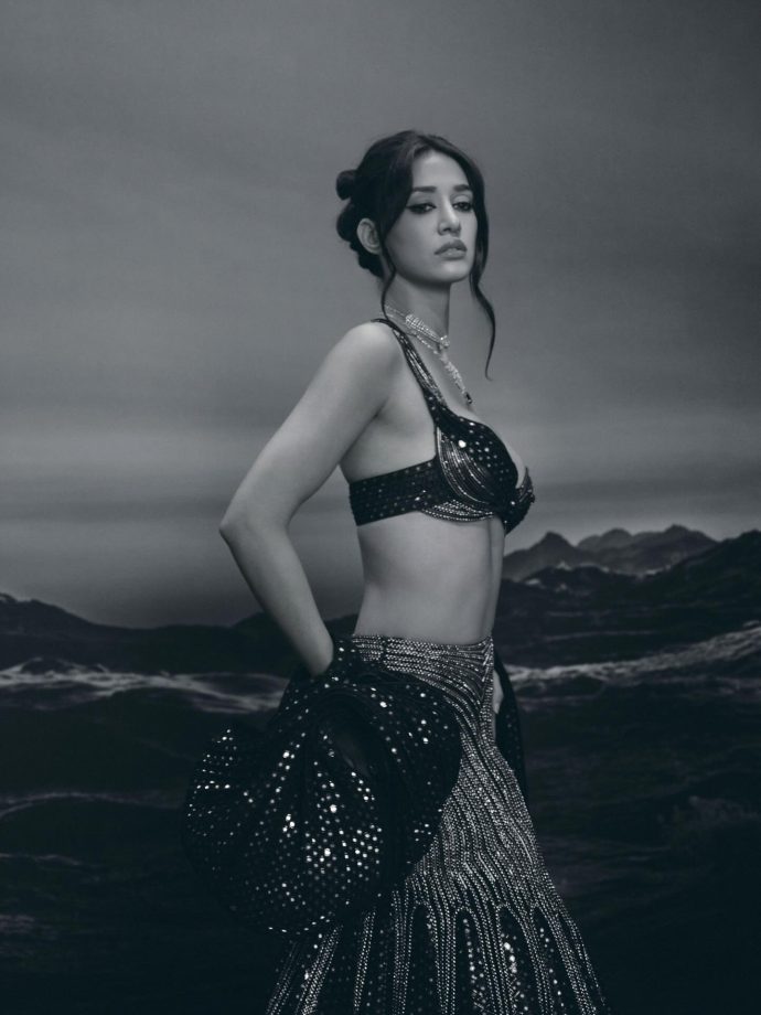 Disha Patani Channels Dark Glam in Statement Bralette and Shimmer Skirt 992136