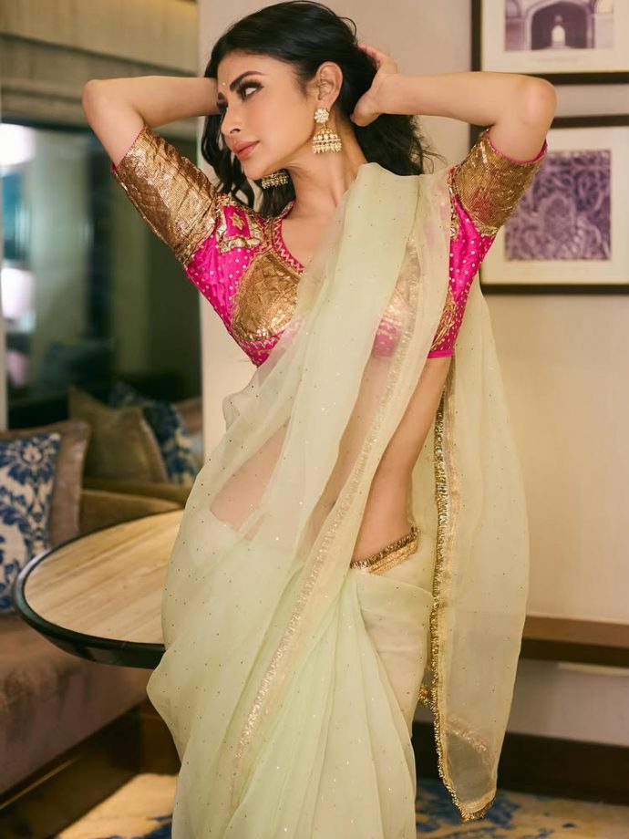 Mouni Roy Raises the Style Bar in a Sheer Saree and Backless Dori Blouse 991049