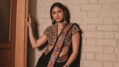 Mrunal Thakur Stuns in Designer Shyama Saree Set by Mrunalini Rao at Vijay and Rashmika’s Wedding Reception