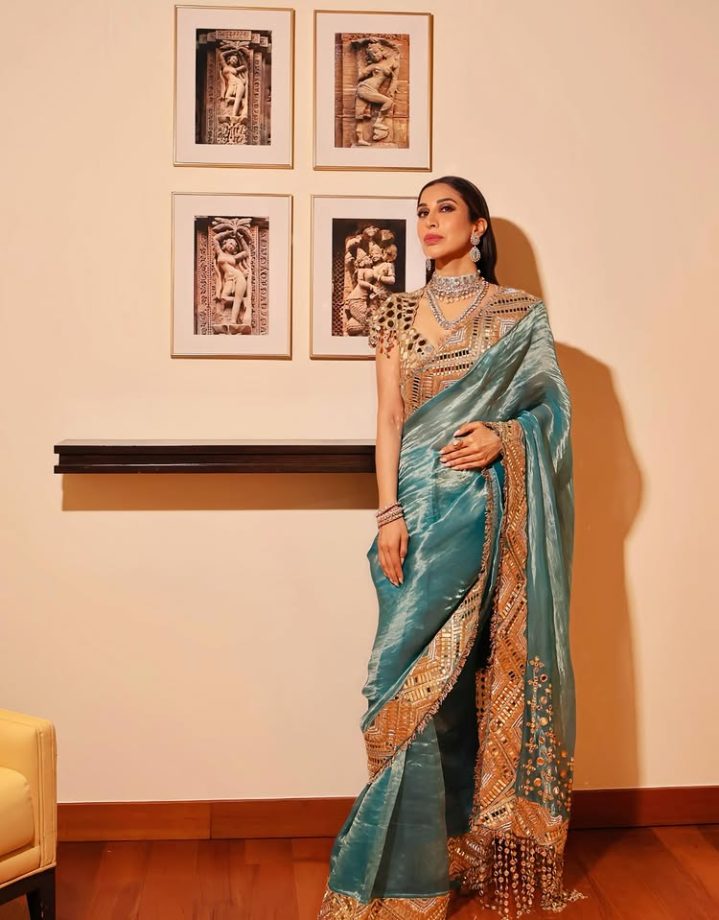 Sophie Choudhry Shines In Teal Blue Saree, Her Mirror Work Deep Neck Blouse Screams Attention 991549