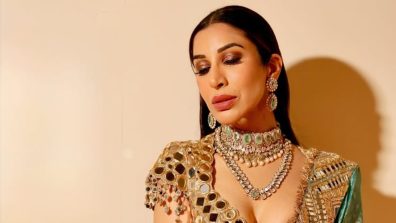 Sophie Choudhry Shines In Teal Blue Saree, Her Mirror Work Deep Neck Blouse Screams Attention