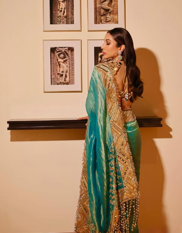 Sophie Choudhry Shines In Teal Blue Saree, Her Mirror Work Deep Neck Blouse Screams Attention 991551