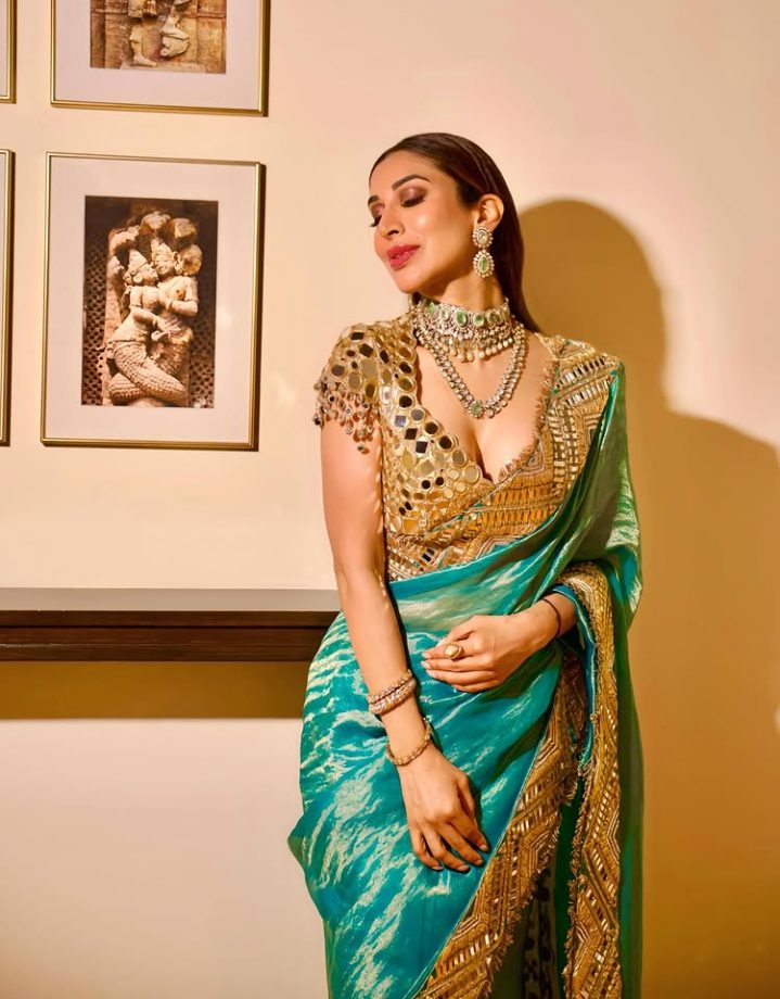 Sophie Choudhry Shines In Teal Blue Saree, Her Mirror Work Deep Neck Blouse Screams Attention 991554
