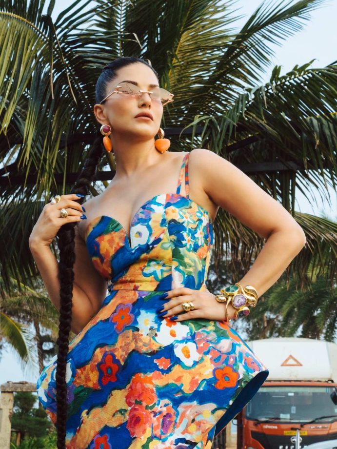 Sunny Leone Adds Drama To Sunset Style In A Floral Mini Dress 990764