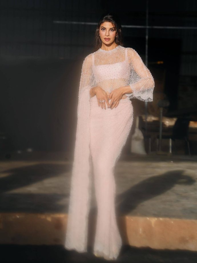 Jacqueline Fernandez keeps it soft and dreamy in a sheer blush ensemble 995379