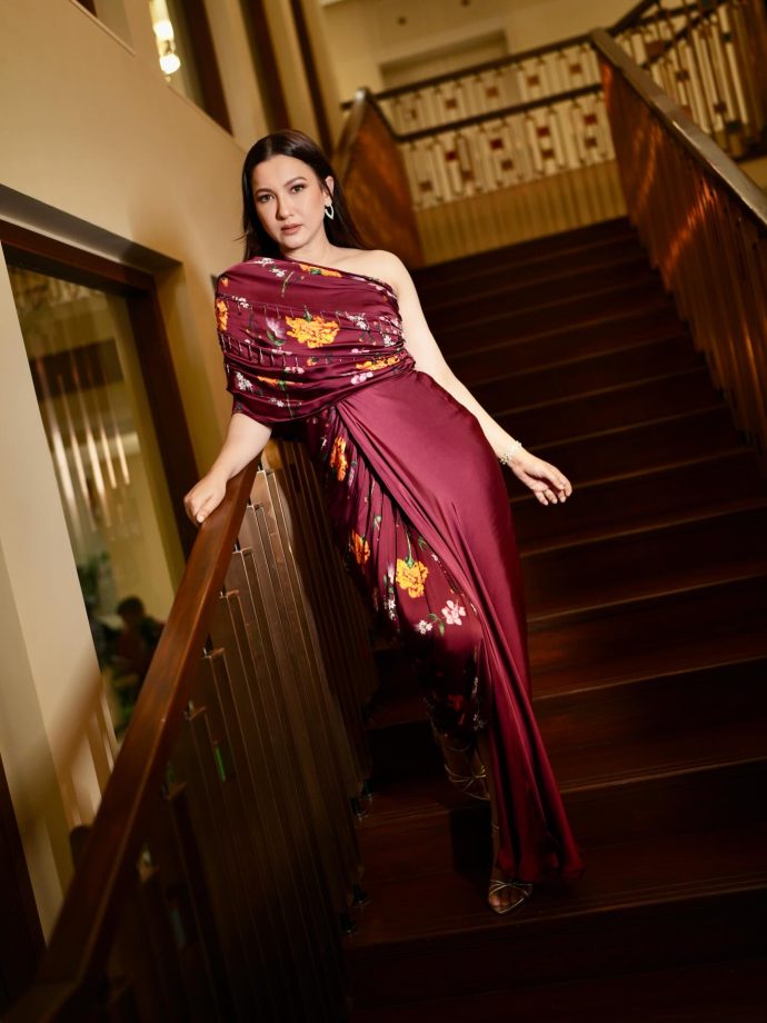 Mother Is Mothering! Gauahar Khan Stuns in a One-Shoulder Floral Gown ...