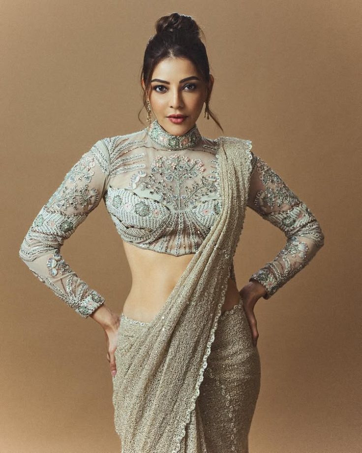 Kajal Aggarwal keeps it elegant in an off-white saree at Bellamkonda Sreenivas wedding reception 996110