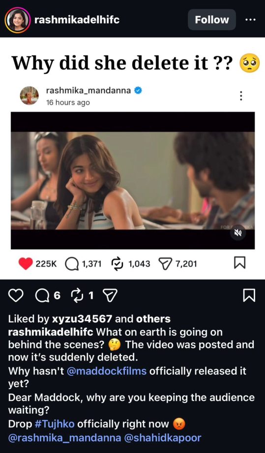 Rashmika Mandanna deletes leaked Cocktail 2 song post, angry fans now call out Maddock Films over Team Tujhko treatment 997953