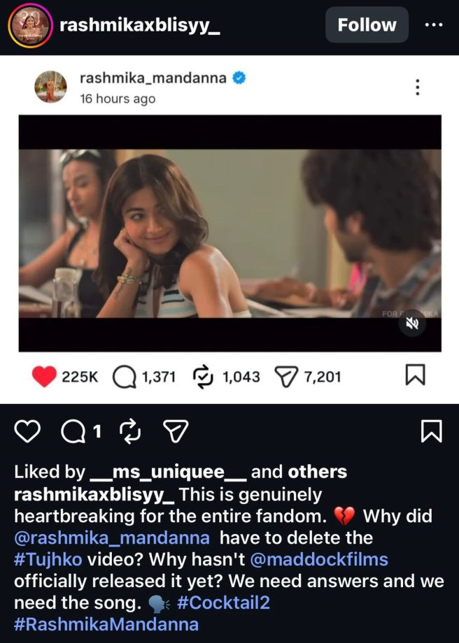 Rashmika Mandanna deletes leaked Cocktail 2 song post, angry fans now call out Maddock Films over Team Tujhko treatment 997954