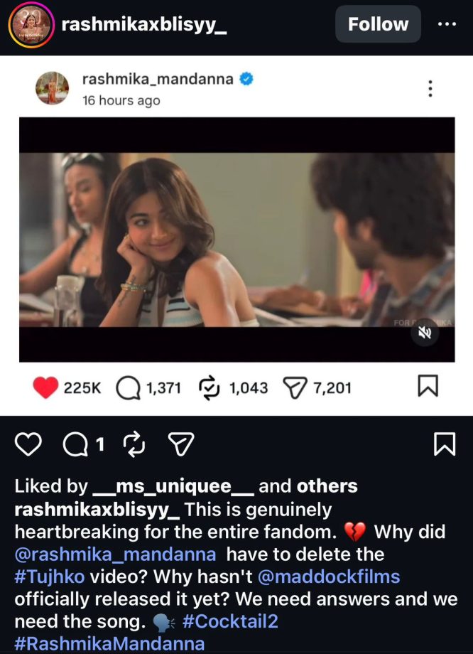 Rashmika Mandanna deletes leaked Cocktail 2 song post, angry fans now call out Maddock Films over Team Tujhko treatment 997952