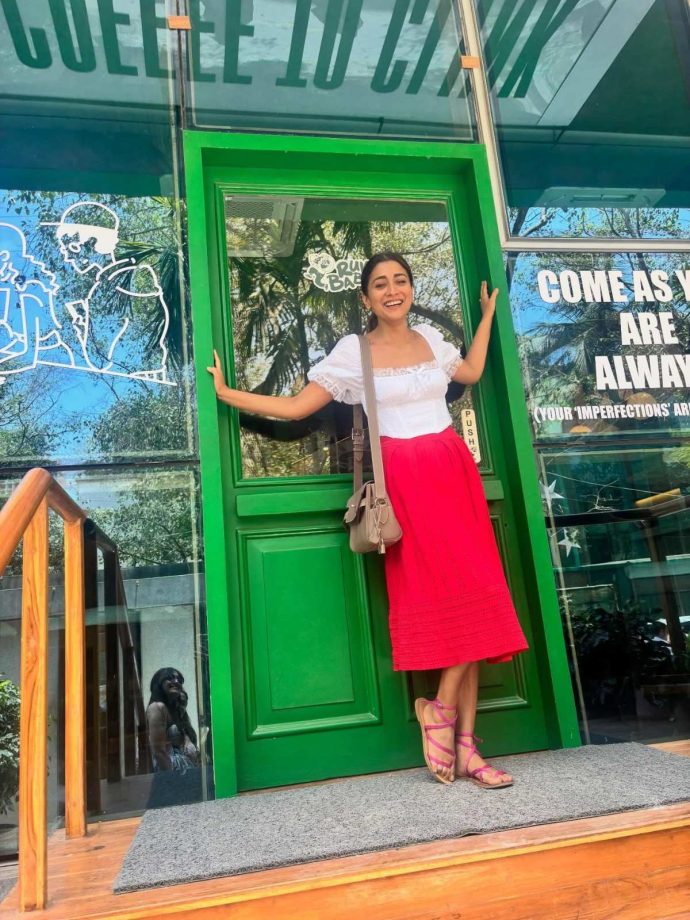 Shriya Saran Stuns in Red Skirt and White Top with Effortless Summer Style 996198