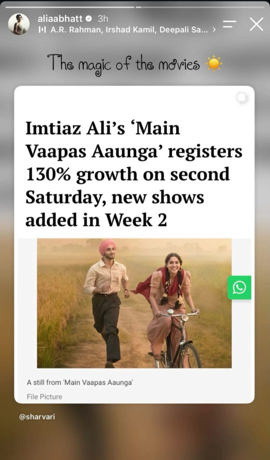Alia Bhatt celebrates Main Vaapas Aaunga’s box office triumph, calls it “The Magic of the Movies” as film continues Its winning run! 1001025