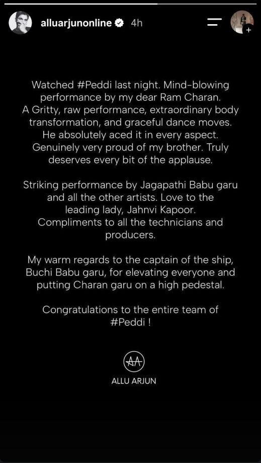 Allu Arjun Praises Ram Charan For His Peddi Performance Says, 