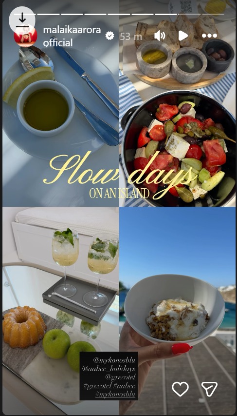 Malaika Arora Enjoys Scenic Greece Getaway with healthy breakfast in a Blue Polka Dot Co-ord Set 1001156