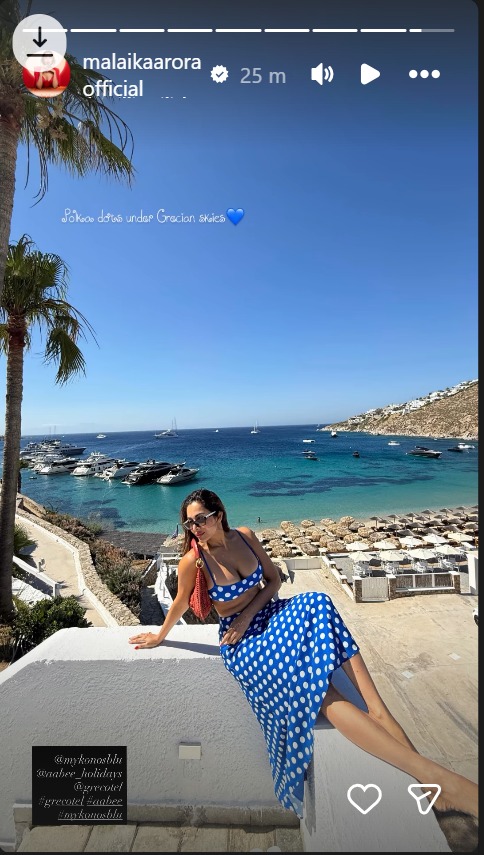 Malaika Arora Enjoys Scenic Greece Getaway with healthy breakfast in a Blue Polka Dot Co-ord Set 1001157