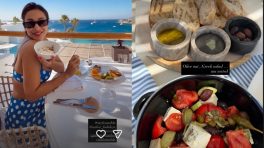 Malaika Arora Enjoys Scenic Greece Getaway with healthy breakfast in a Blue Polka Dot Co-ord Set