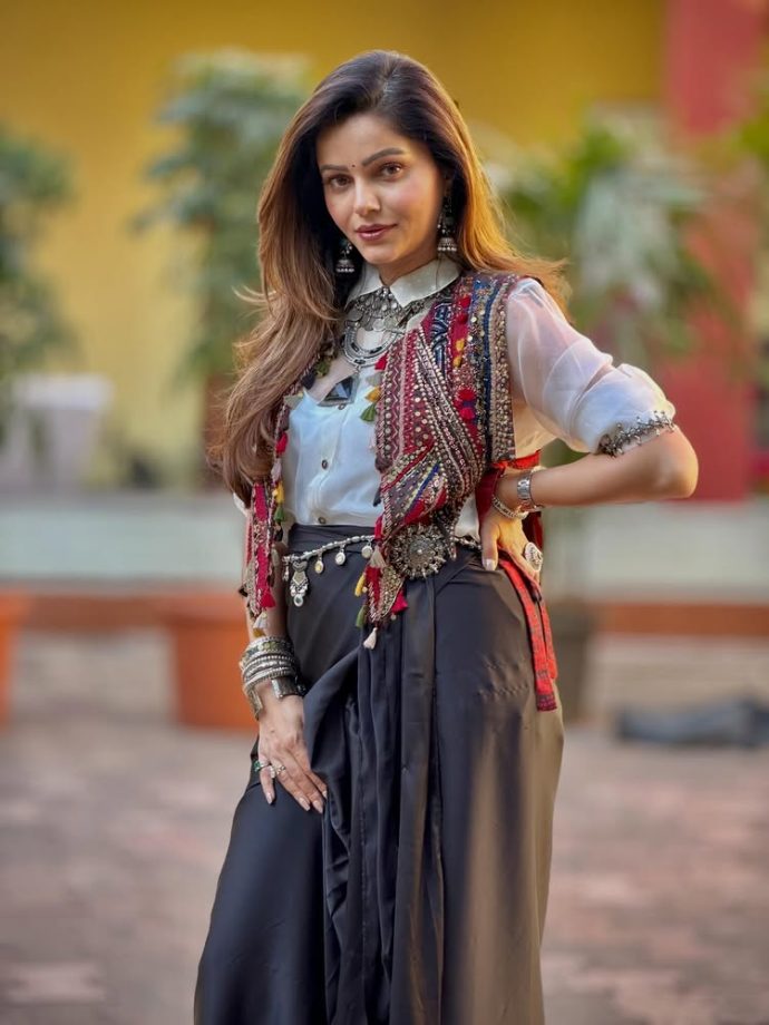 Rubina Dilaik Redefines Fusion Fashion in a Draped Black Skirt, White Shirt and Vibrant Embroidered Jacket 1