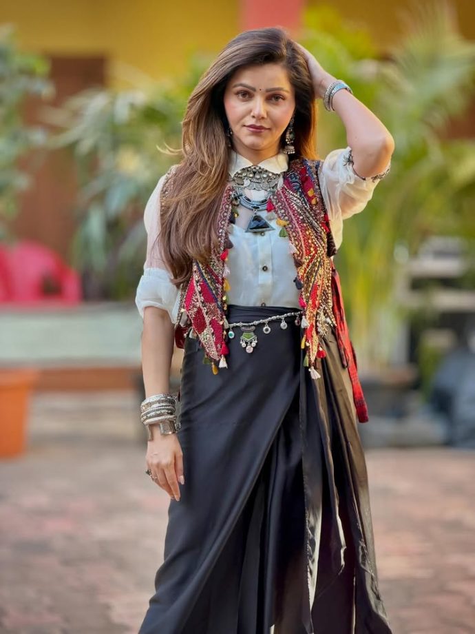 Rubina Dilaik Redefines Fusion Fashion in a Draped Black Skirt, White Shirt and Vibrant Embroidered Jacket 1