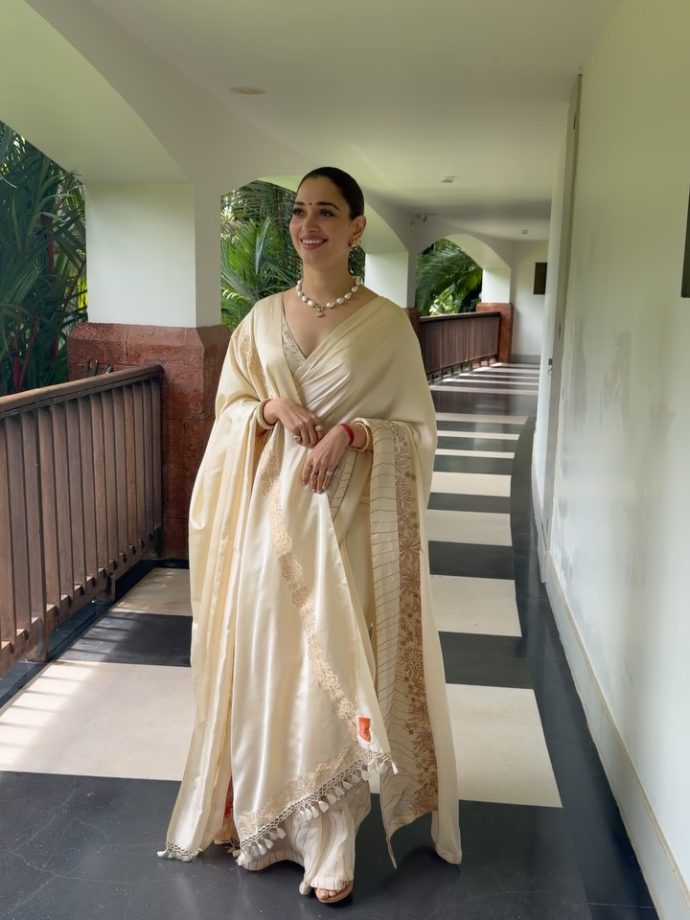 Tamannaah Bhatia Just Gave the Perfect Bridesmaid Fashion Inspiration in an Off-White Banarasi Saree With a Shawl 1