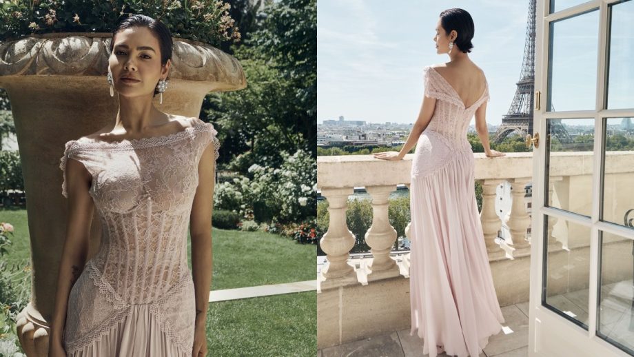 Esha Gupta in a Blush Pink Couture Gown During Paris Appearance 1