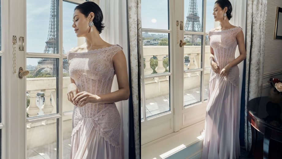 Esha Gupta in a Blush Pink Couture Gown During Paris Appearance 1