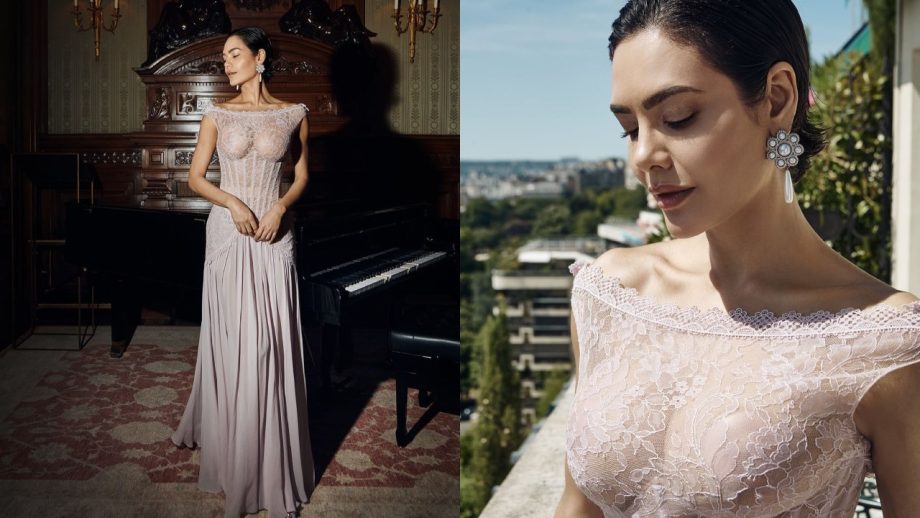 Esha Gupta in a Blush Pink Couture Gown During Paris Appearance 1
