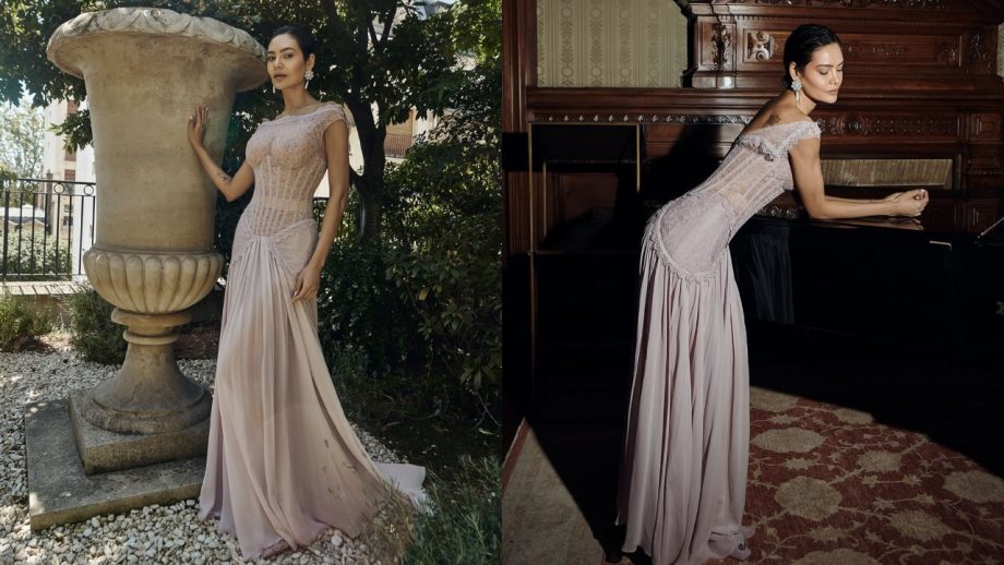Esha Gupta in a Blush Pink Couture Gown During Paris Appearance 1