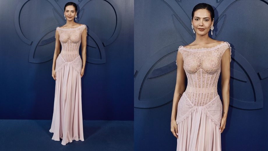Esha Gupta in a Blush Pink Couture Gown During Paris Appearance 1