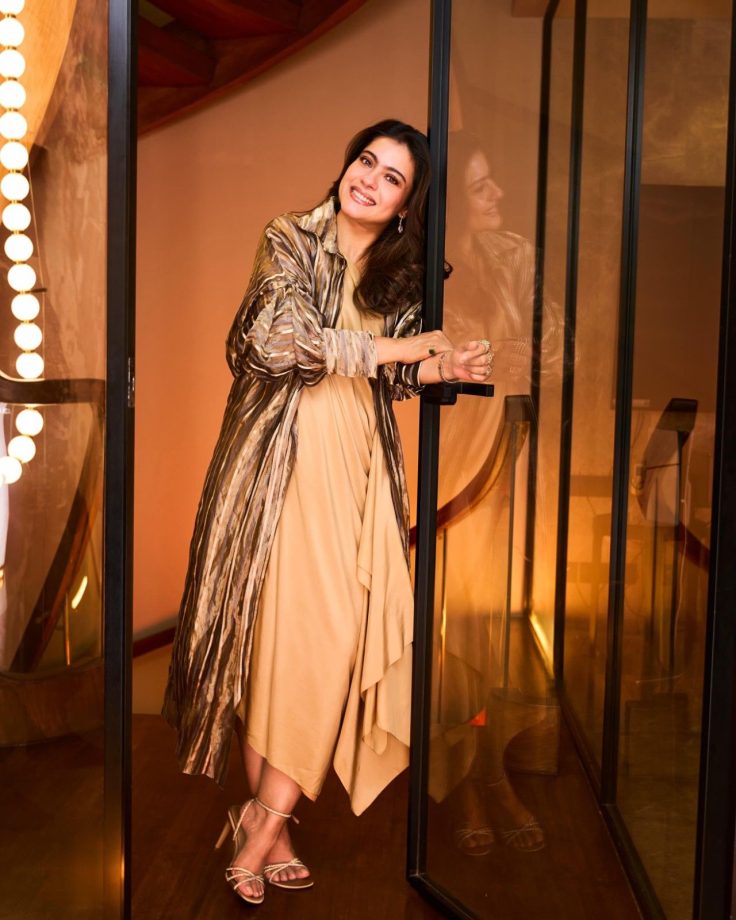 Kajol Elevates Minimal Glam in a Beige Draped Dress and Metallic Jacket 1