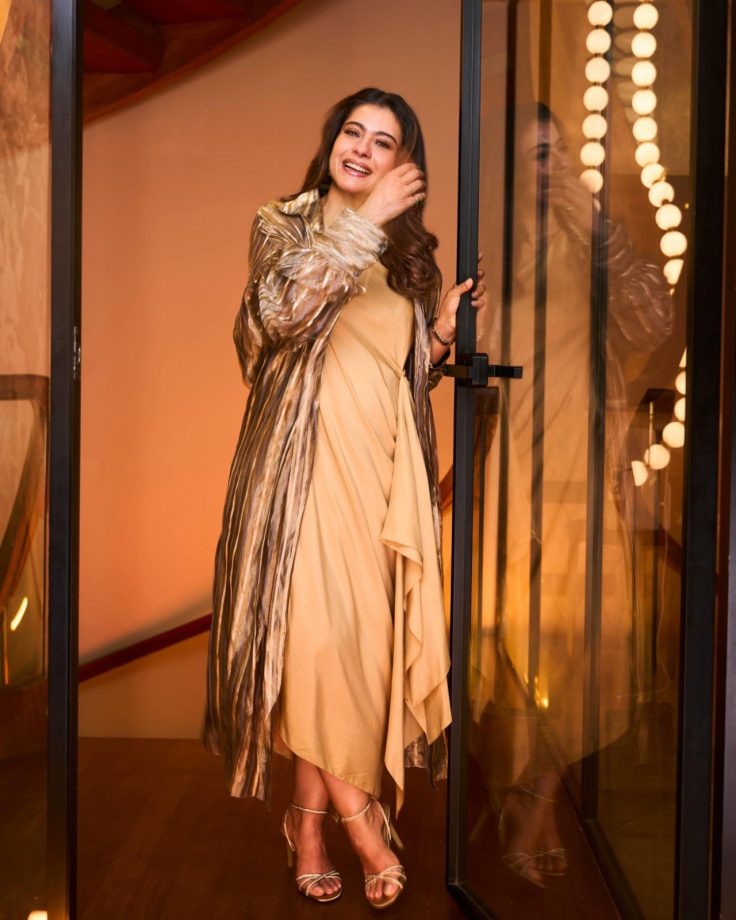 Kajol Elevates Minimal Glam in a Beige Draped Dress and Metallic Jacket 1