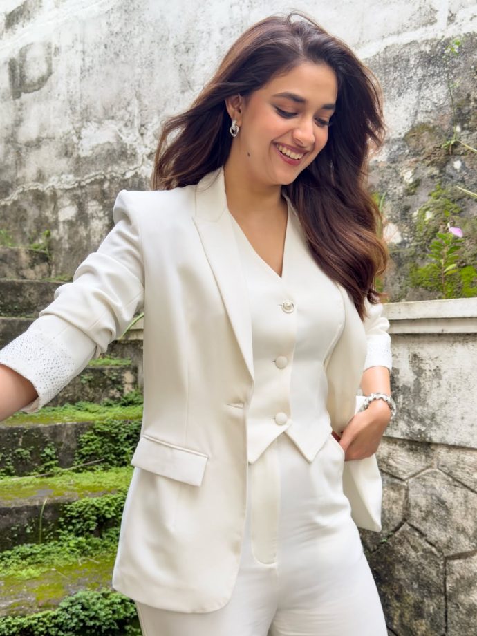 Keerthy Suresh Rocks Sophisticated White Suit Style 1