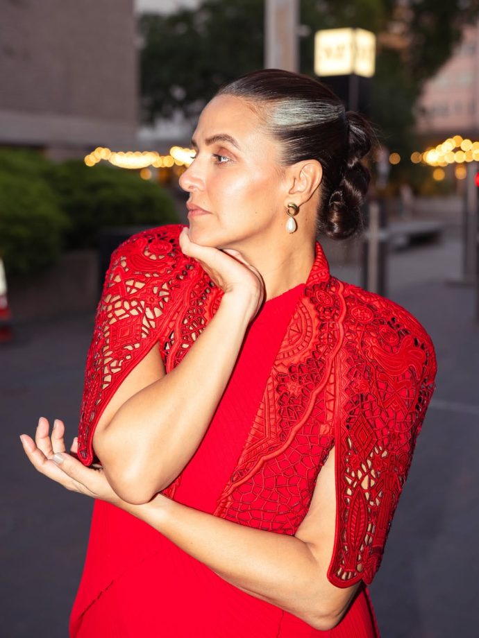Neha Dhupia's Red Co-ord Look Celebrates Grey Hair With Confidence 1