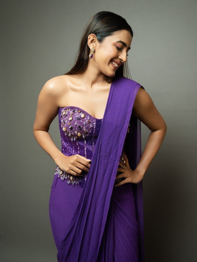Niharika Konidela Rocks Embellished Purple Corset Saree 1