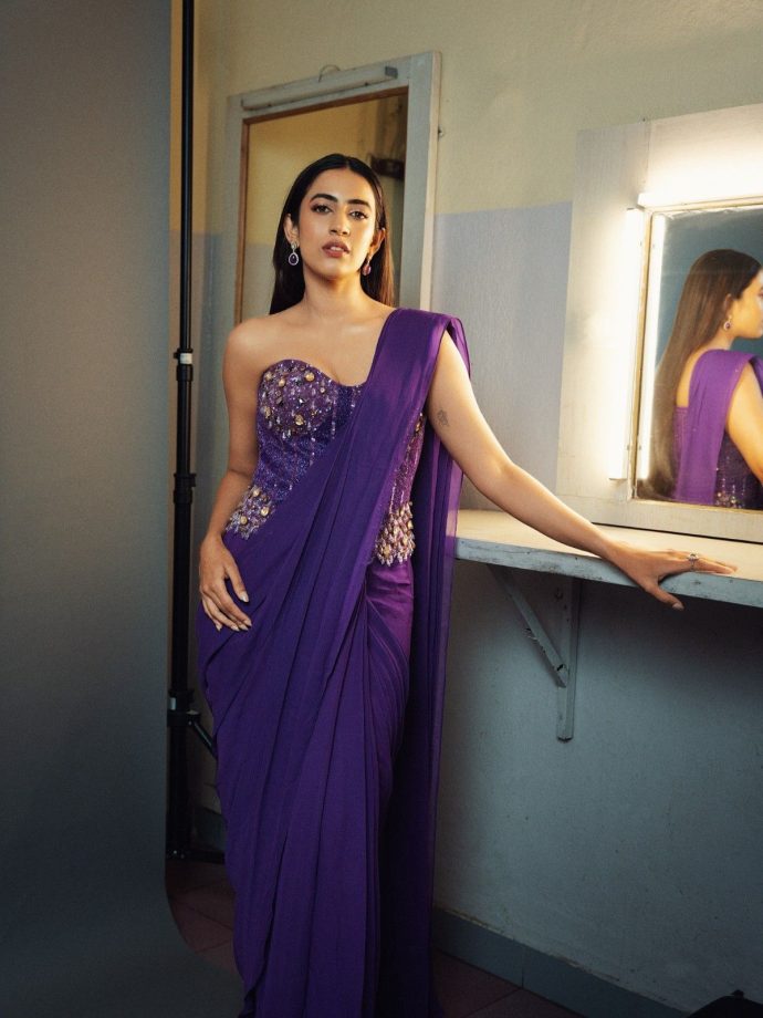 Niharika Konidela Rocks Embellished Purple Corset Saree 1